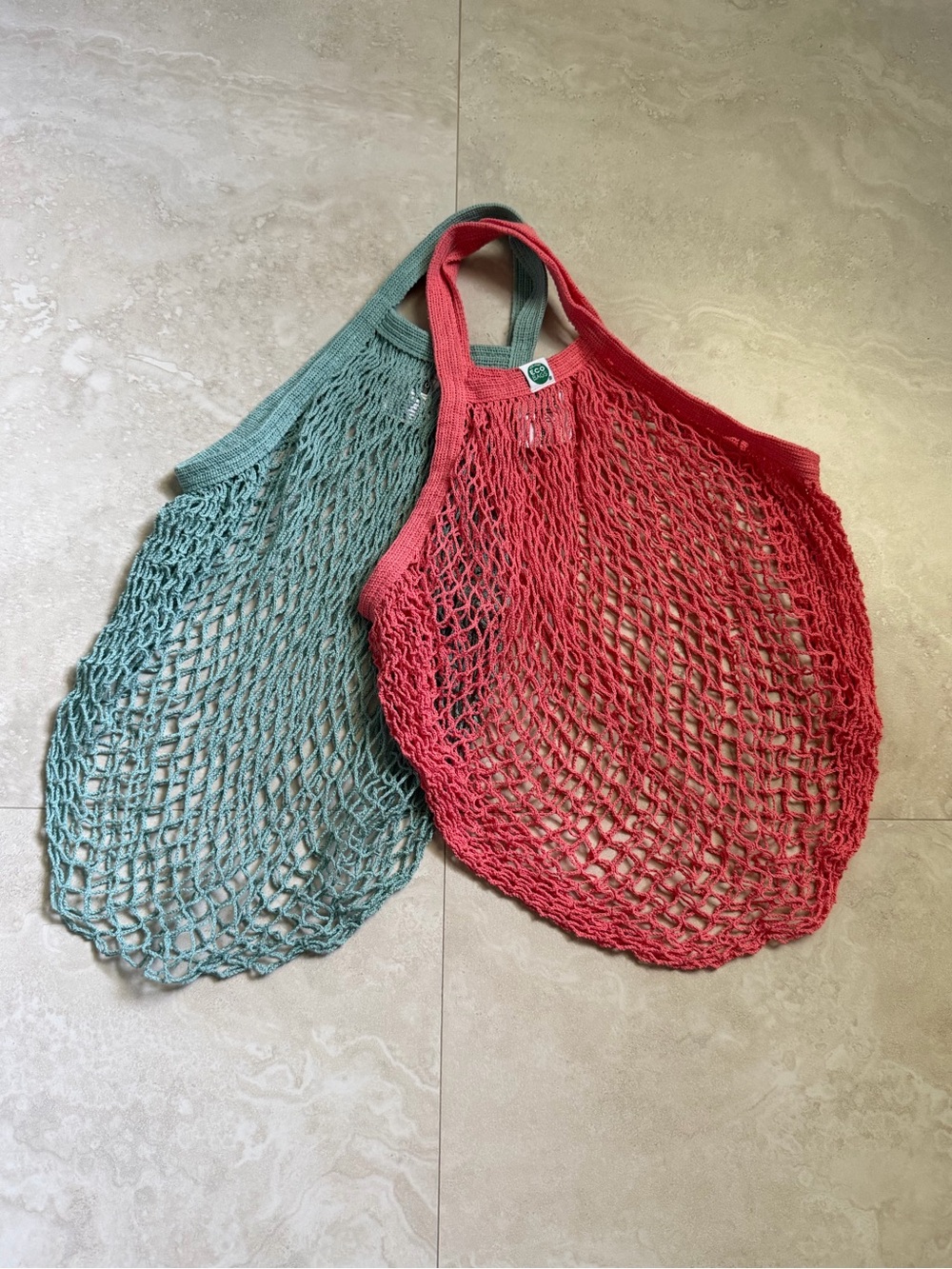 Reusable Mesh Tote Bag in Coral Red and Teal Cotton Tote Handle String Bag